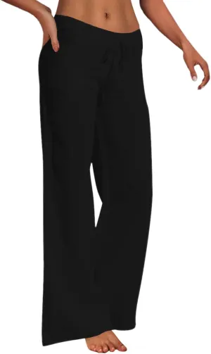 Women Cotton Linen Pants Drawstring Low Waisted Wide Leg Trousers Summer Linen Lightweight Pants Casual Beach Pants
