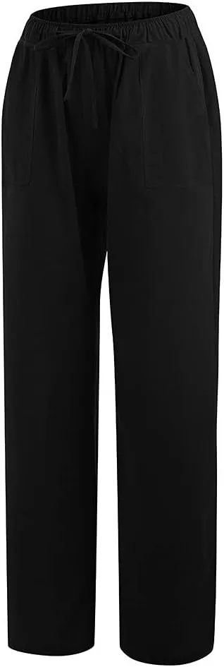 Women Cotton Linen Pants Drawstring Low Waisted Wide Leg Trousers Summer Linen Lightweight Pants Casual Beach Pants