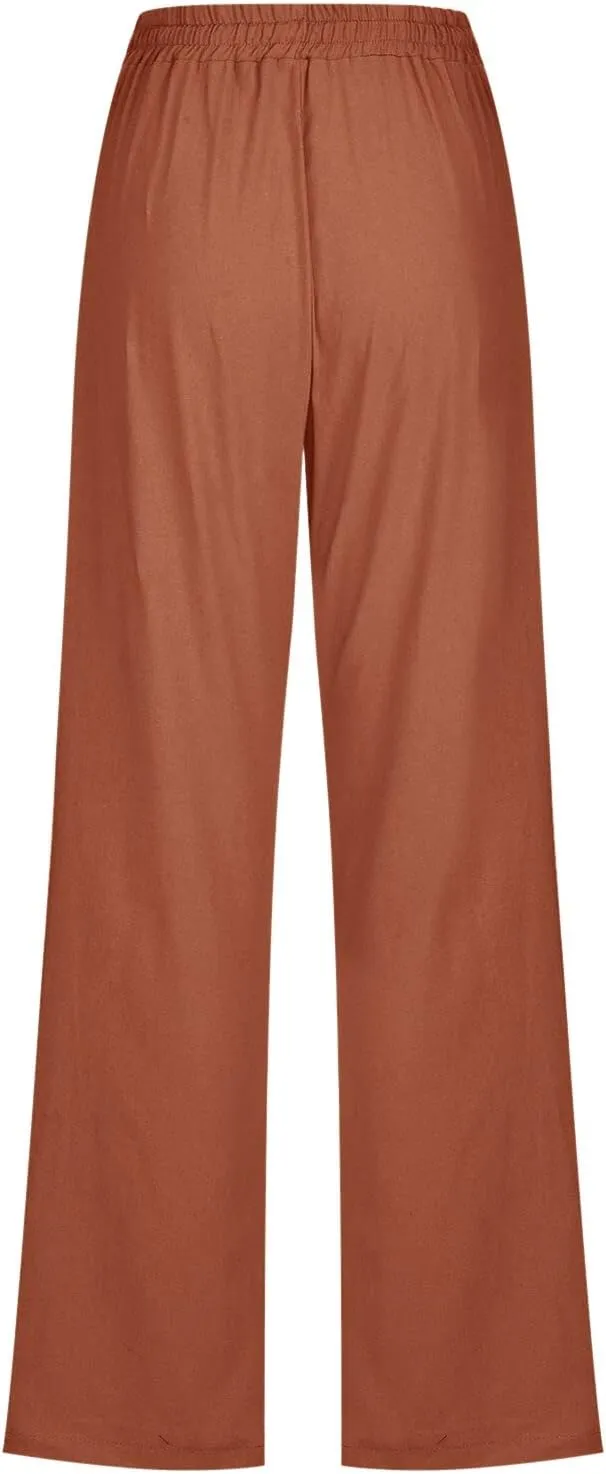 Women Cotton Linen Pants Straight Leg High Waisted Drawstring Pants Summer Casual Lightweight Trousers Beach Pants