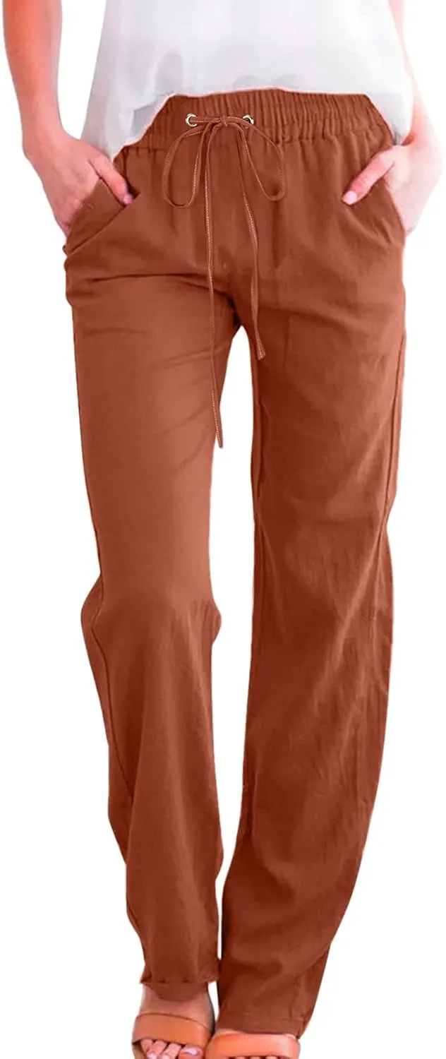 Women Cotton Linen Pants Straight Leg High Waisted Drawstring Pants Summer Casual Lightweight Trousers Beach Pants