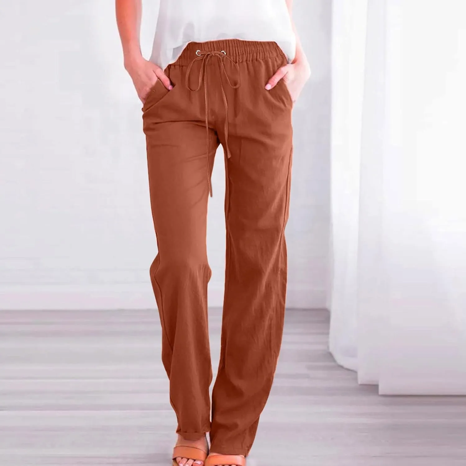Women Cotton Linen Pants Straight Leg High Waisted Drawstring Pants Summer Casual Lightweight Trousers Beach Pants