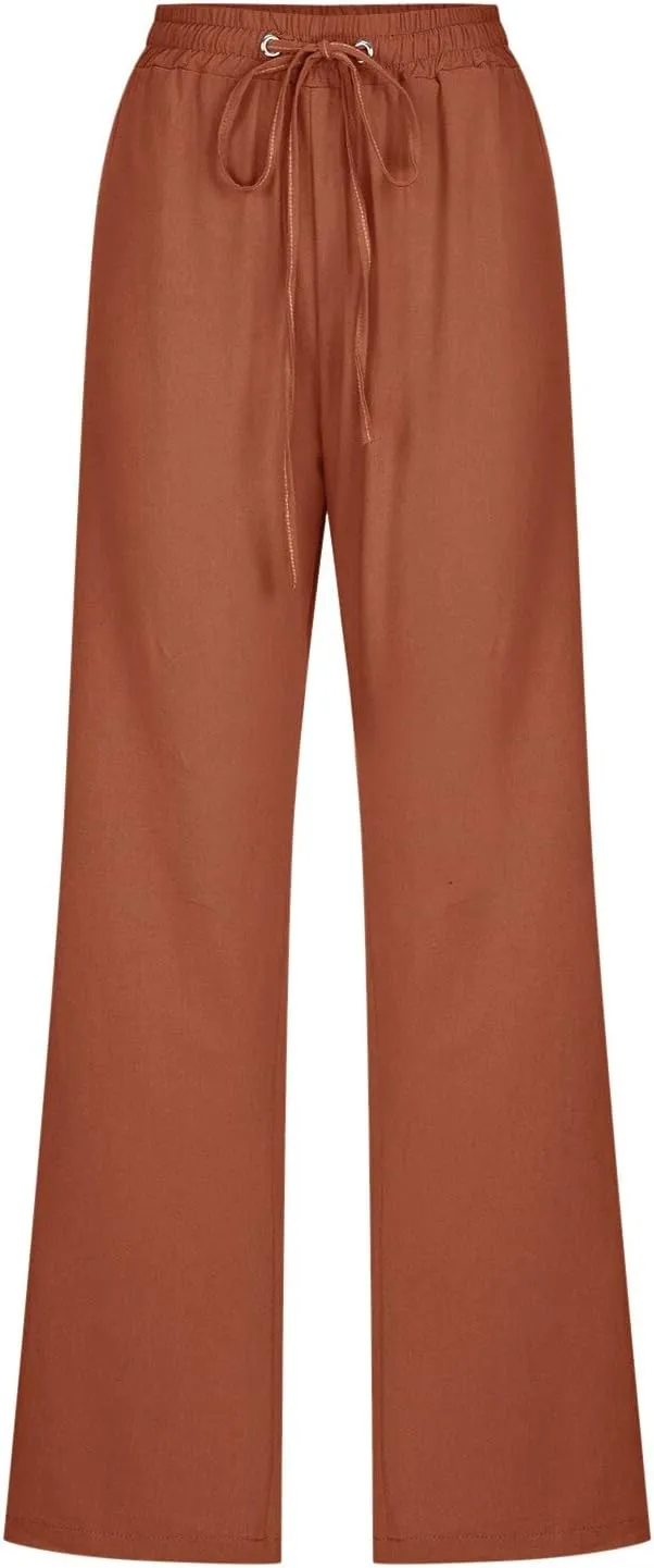 Women Cotton Linen Pants Straight Leg High Waisted Drawstring Pants Summer Casual Lightweight Trousers Beach Pants