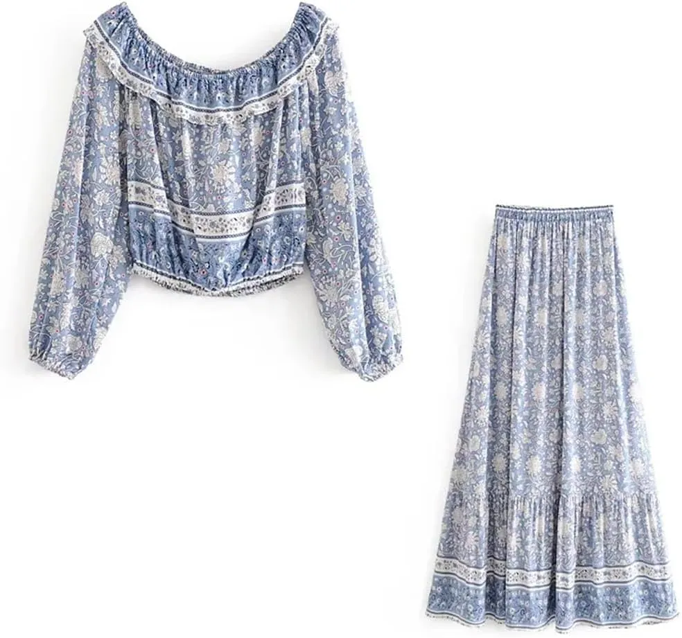 Women Elastic Waist Long Skirt Slash Neck Floral Print Pullover Shirt Holiday 2 Pieces Set