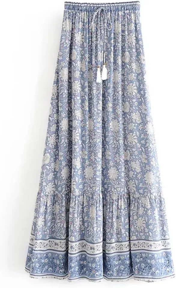 Women Elastic Waist Long Skirt Slash Neck Floral Print Pullover Shirt Holiday 2 Pieces Set