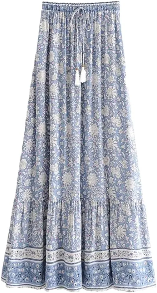 Women Elastic Waist Long Skirt Slash Neck Floral Print Pullover Shirt Holiday 2 Pieces Set
