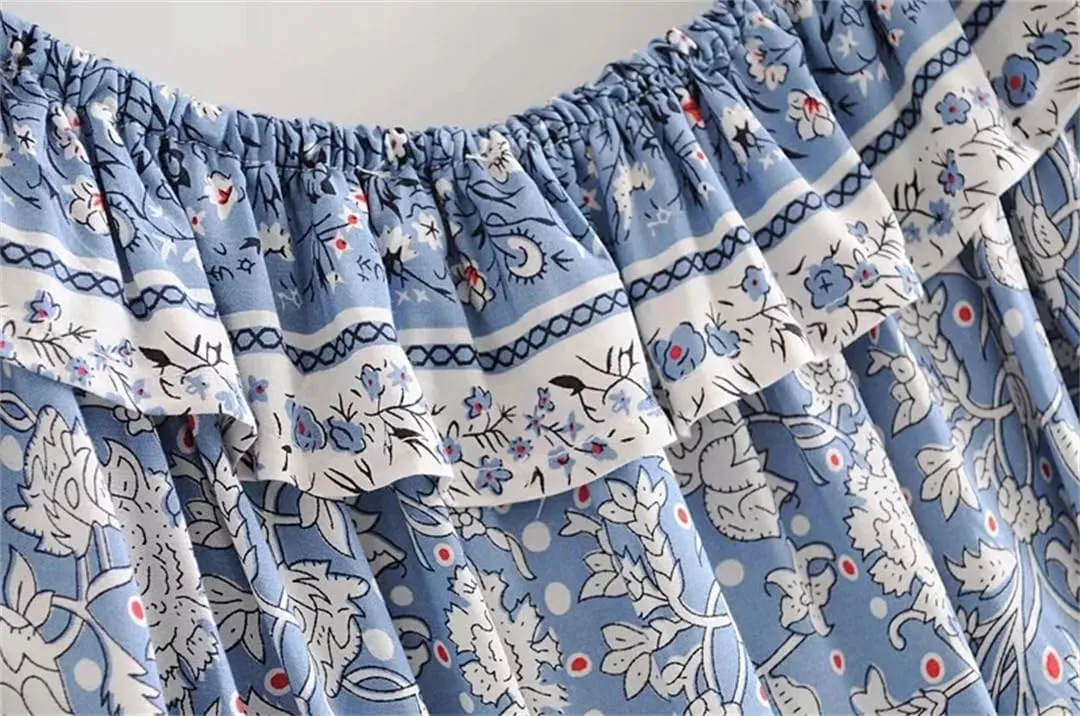 Women Elastic Waist Long Skirt Slash Neck Floral Print Pullover Shirt Holiday 2 Pieces Set