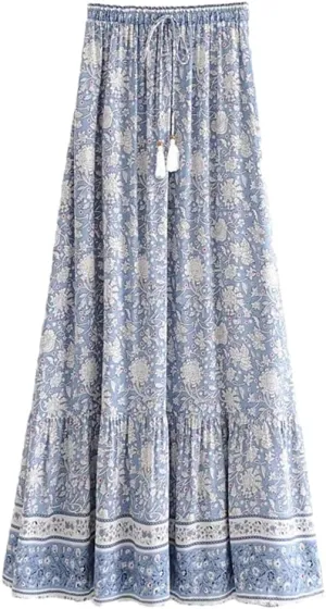 Women Elastic Waist Long Skirt Slash Neck Floral Print Pullover Shirt Holiday 2 Pieces Set