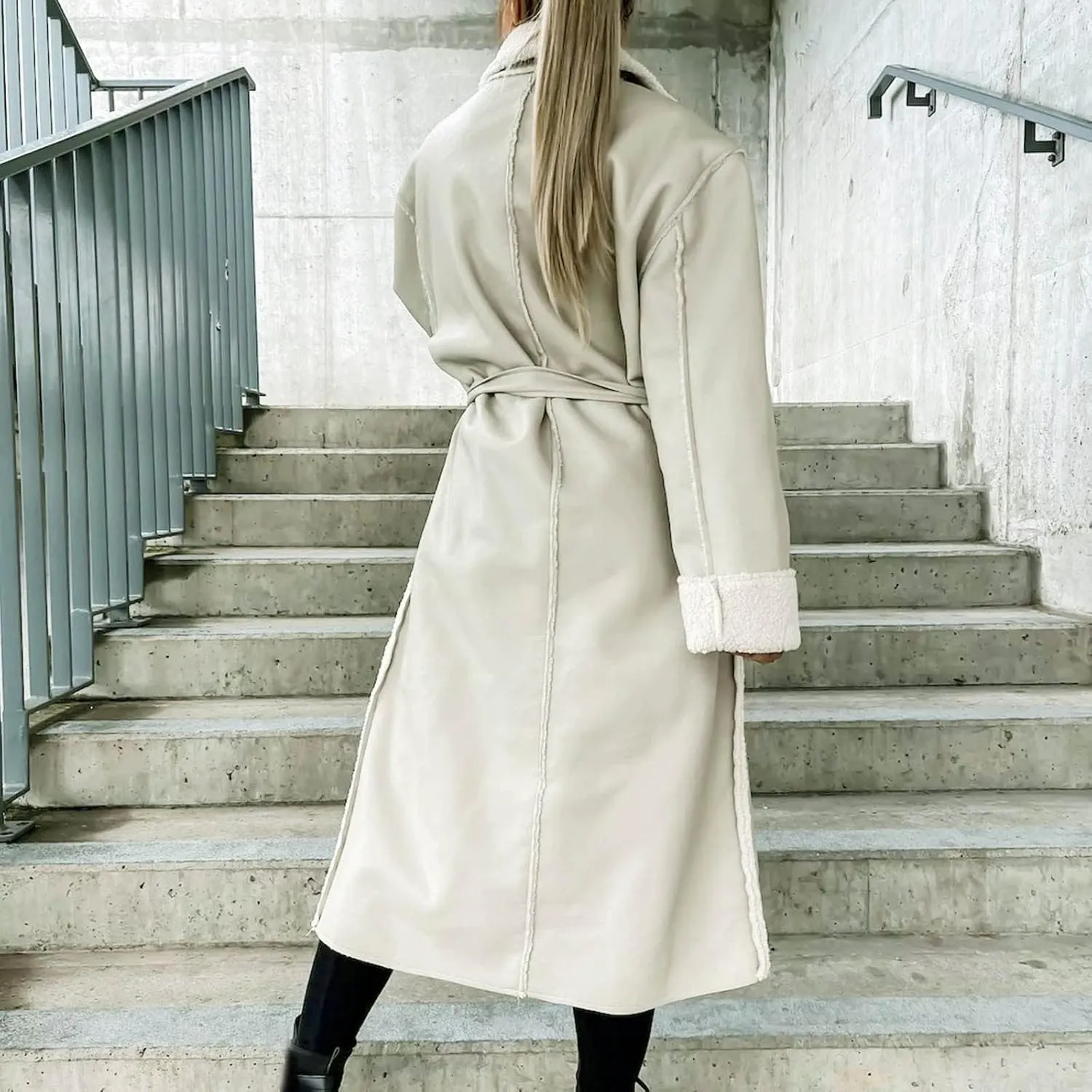 Women Faux Suede Long Trench Coats Fleece Padded Faux Leather Jackets Double-Breasted Warm Winter Long Sherpa Coats