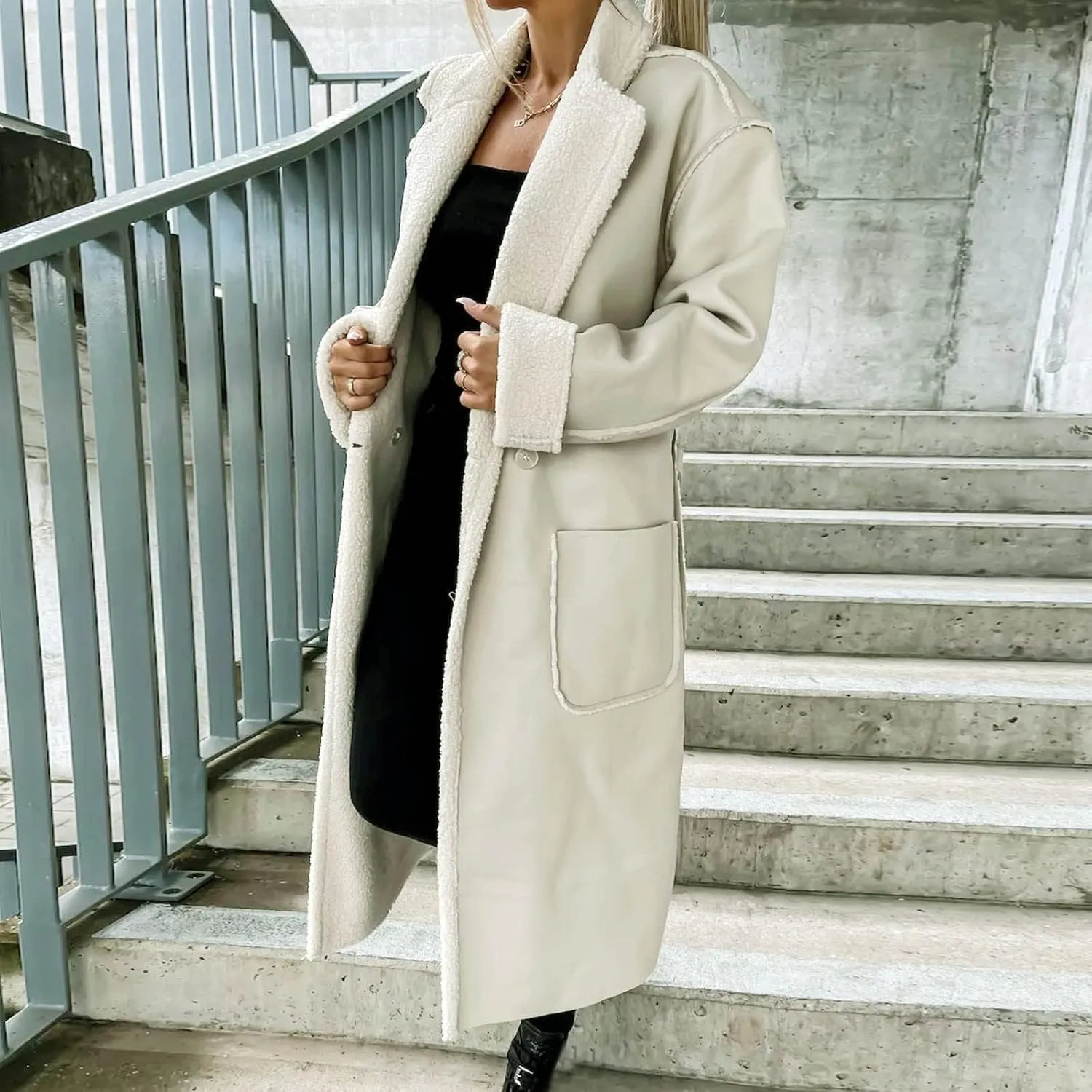 Women Faux Suede Long Trench Coats Fleece Padded Faux Leather Jackets Double-Breasted Warm Winter Long Sherpa Coats