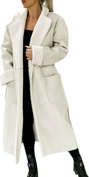 Women Faux Suede Long Trench Coats Fleece Padded Faux Leather Jackets Double-Breasted Warm Winter Long Sherpa Coats