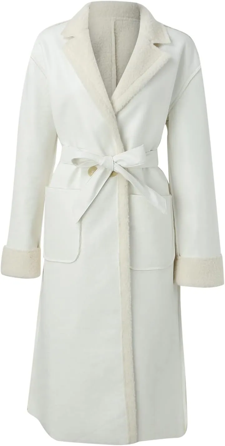 Women Faux Suede Long Trench Coats Fleece Padded Faux Leather Jackets Double-Breasted Warm Winter Long Sherpa Coats