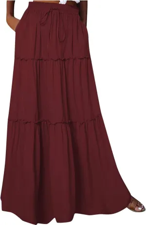 Women Flowy Layered Tiered Maxi Skirts Elastic High Waisted A Line Summer Beach Skirt Plus Size Stretch Dress