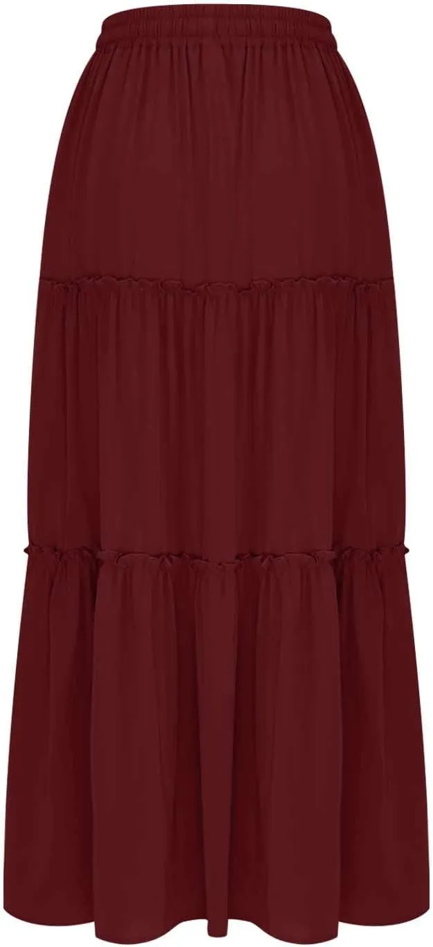 Women Flowy Layered Tiered Maxi Skirts Elastic High Waisted A Line Summer Beach Skirt Plus Size Stretch Dress