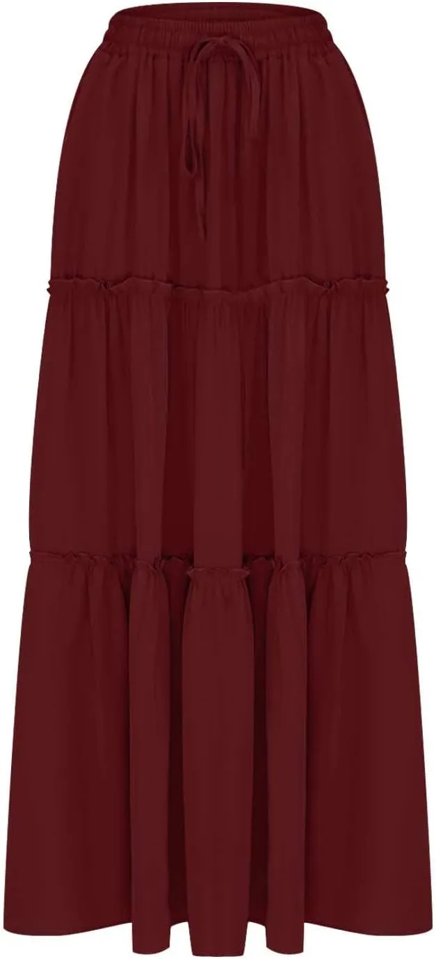 Women Flowy Layered Tiered Maxi Skirts Elastic High Waisted A Line Summer Beach Skirt Plus Size Stretch Dress