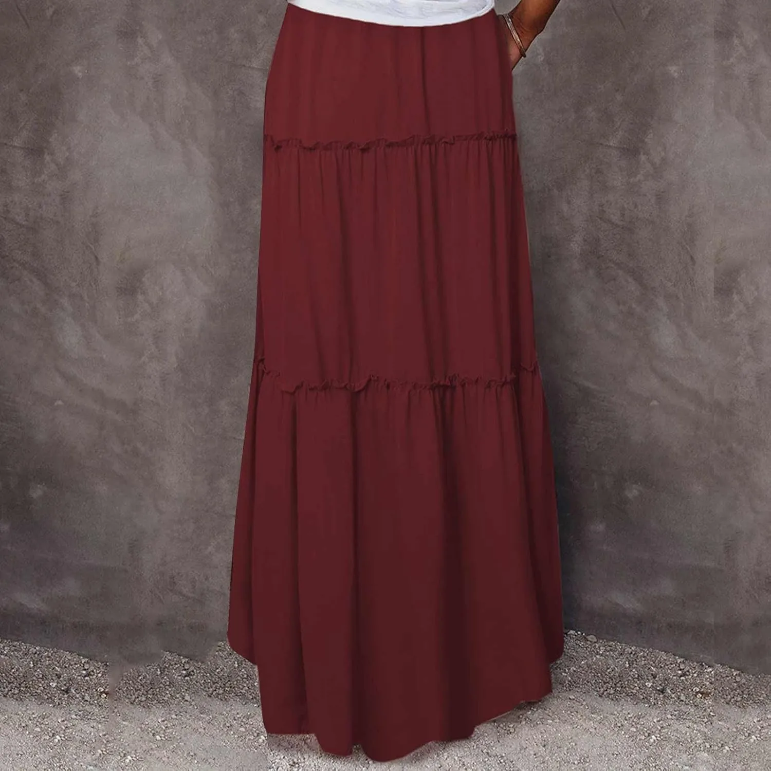 Women Flowy Layered Tiered Maxi Skirts Elastic High Waisted A Line Summer Beach Skirt Plus Size Stretch Dress