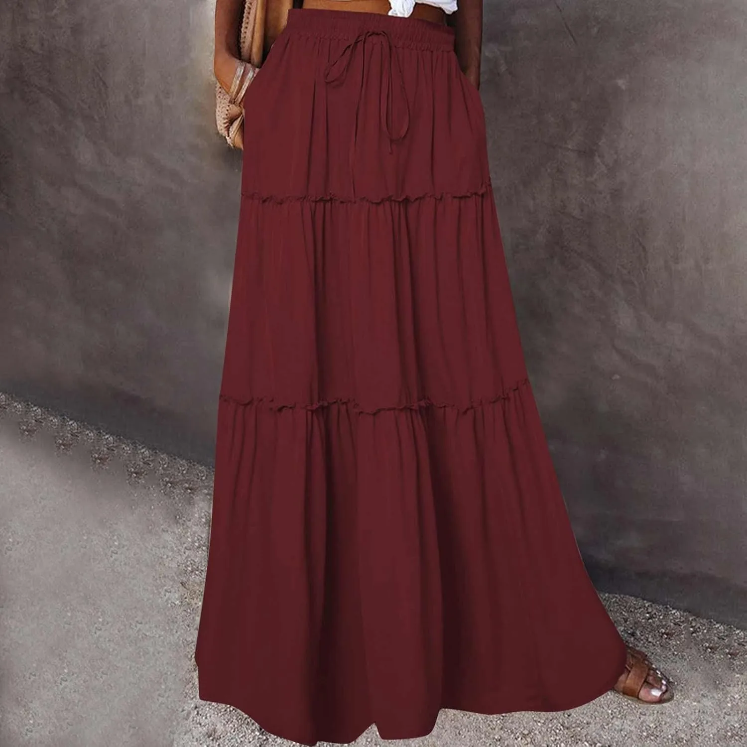Women Flowy Layered Tiered Maxi Skirts Elastic High Waisted A Line Summer Beach Skirt Plus Size Stretch Dress