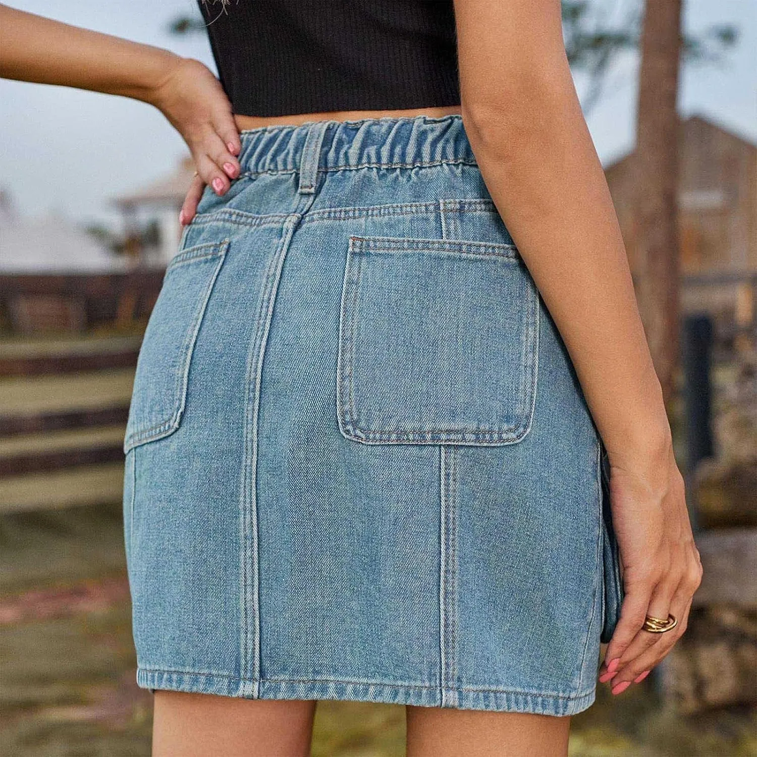 Women High Waist Cargo Denim Skirt Y2k Bodycon Jeans Mini Skirt with Pockets Casual Stretch Slim Fit Button Skirt