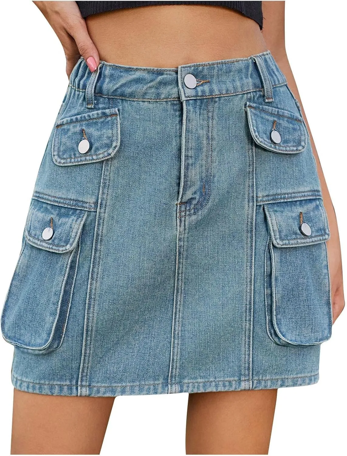 Women High Waist Cargo Denim Skirt Y2k Bodycon Jeans Mini Skirt with Pockets Casual Stretch Slim Fit Button Skirt