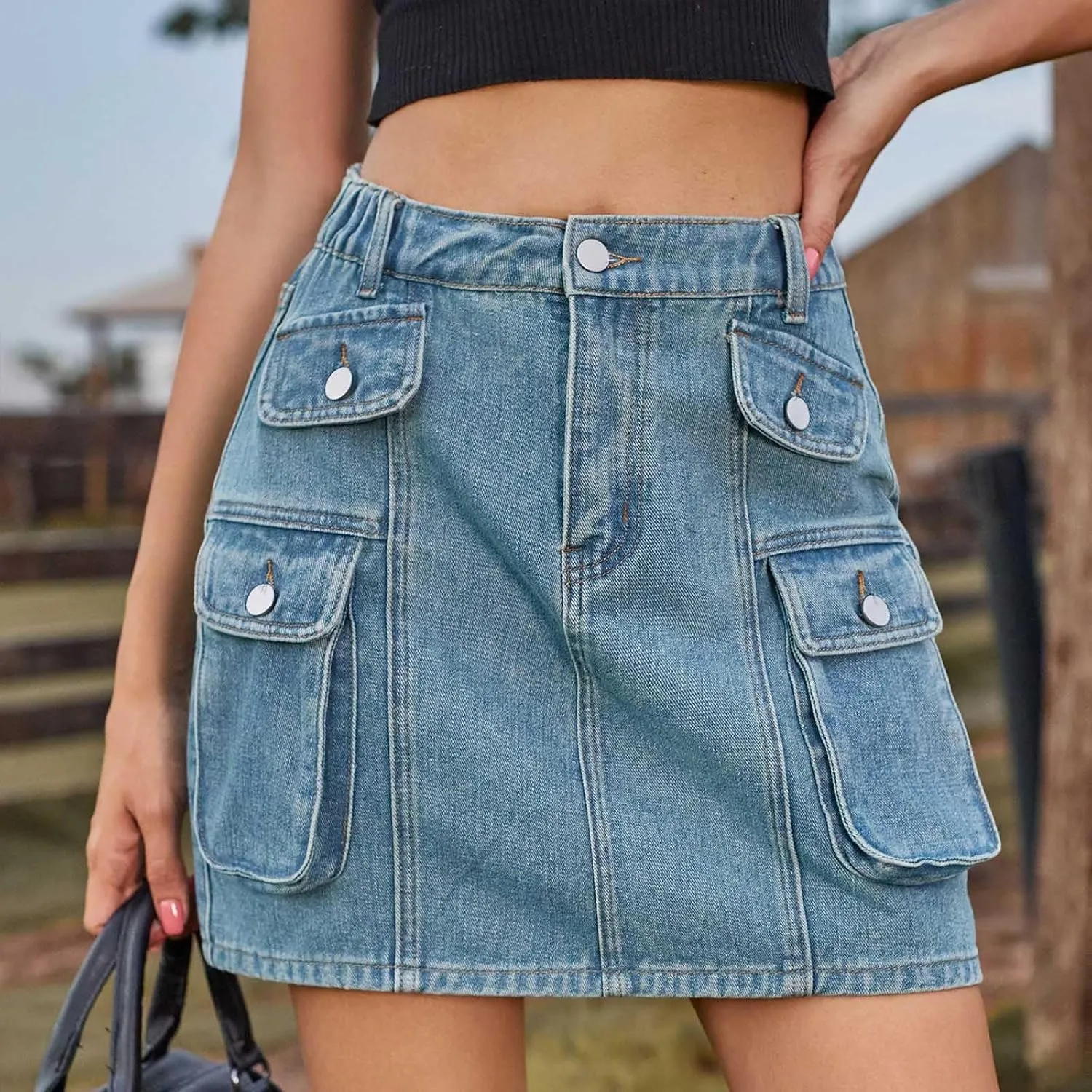 Women High Waist Cargo Denim Skirt Y2k Bodycon Jeans Mini Skirt with Pockets Casual Stretch Slim Fit Button Skirt