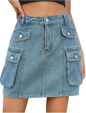Women High Waist Cargo Denim Skirt Y2k Bodycon Jeans Mini Skirt with Pockets Casual Stretch Slim Fit Button Skirt