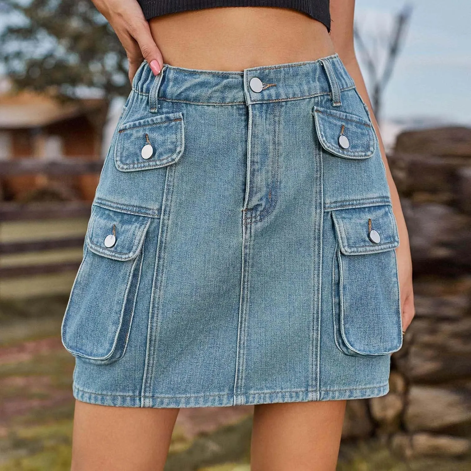 Women High Waist Cargo Denim Skirt Y2k Bodycon Jeans Mini Skirt with Pockets Casual Stretch Slim Fit Button Skirt