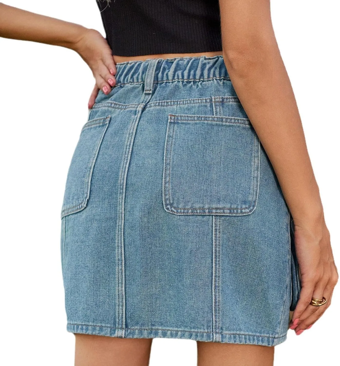 Women High Waist Cargo Denim Skirt Y2k Bodycon Jeans Mini Skirt with Pockets Casual Stretch Slim Fit Button Skirt