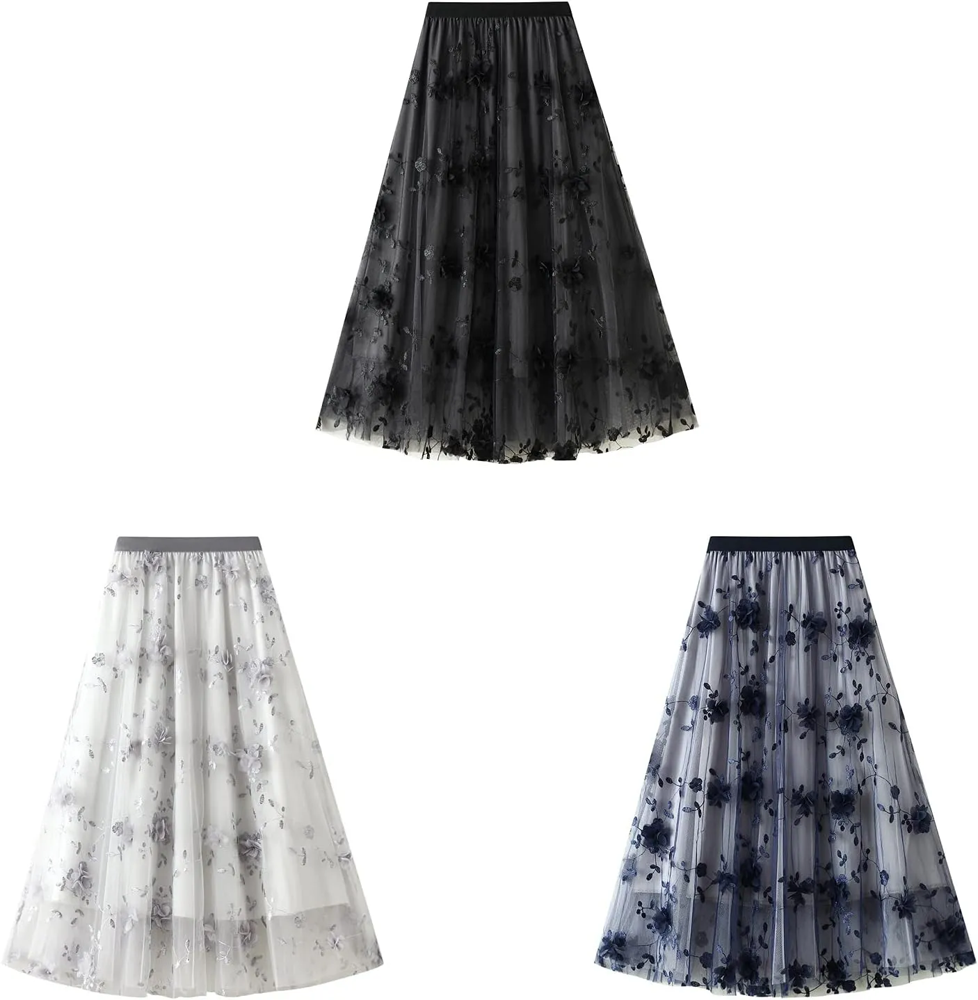 Women High Waist Lace Pleated Skirt Chiffon Tulle Mesh Midi Maxi Swing Skirt Muiti-layered A-Line Skirts