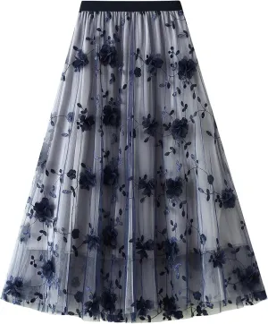 Women High Waist Lace Pleated Skirt Chiffon Tulle Mesh Midi Maxi Swing Skirt Muiti-layered A-Line Skirts