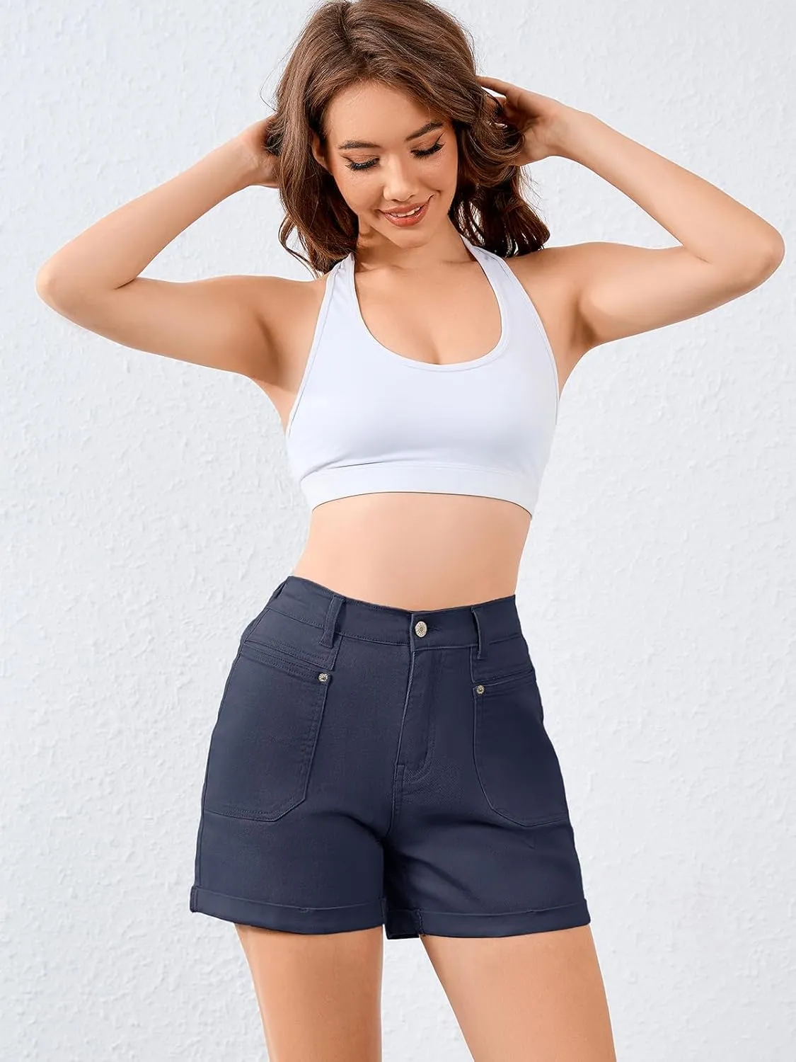 Women High Waisted Jean Shorts Stretchy Denim Shorts for Women Folded Hem Chino Shorts Summer Jorts