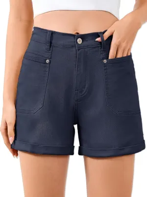 Women High Waisted Jean Shorts Stretchy Denim Shorts for Women Folded Hem Chino Shorts Summer Jorts