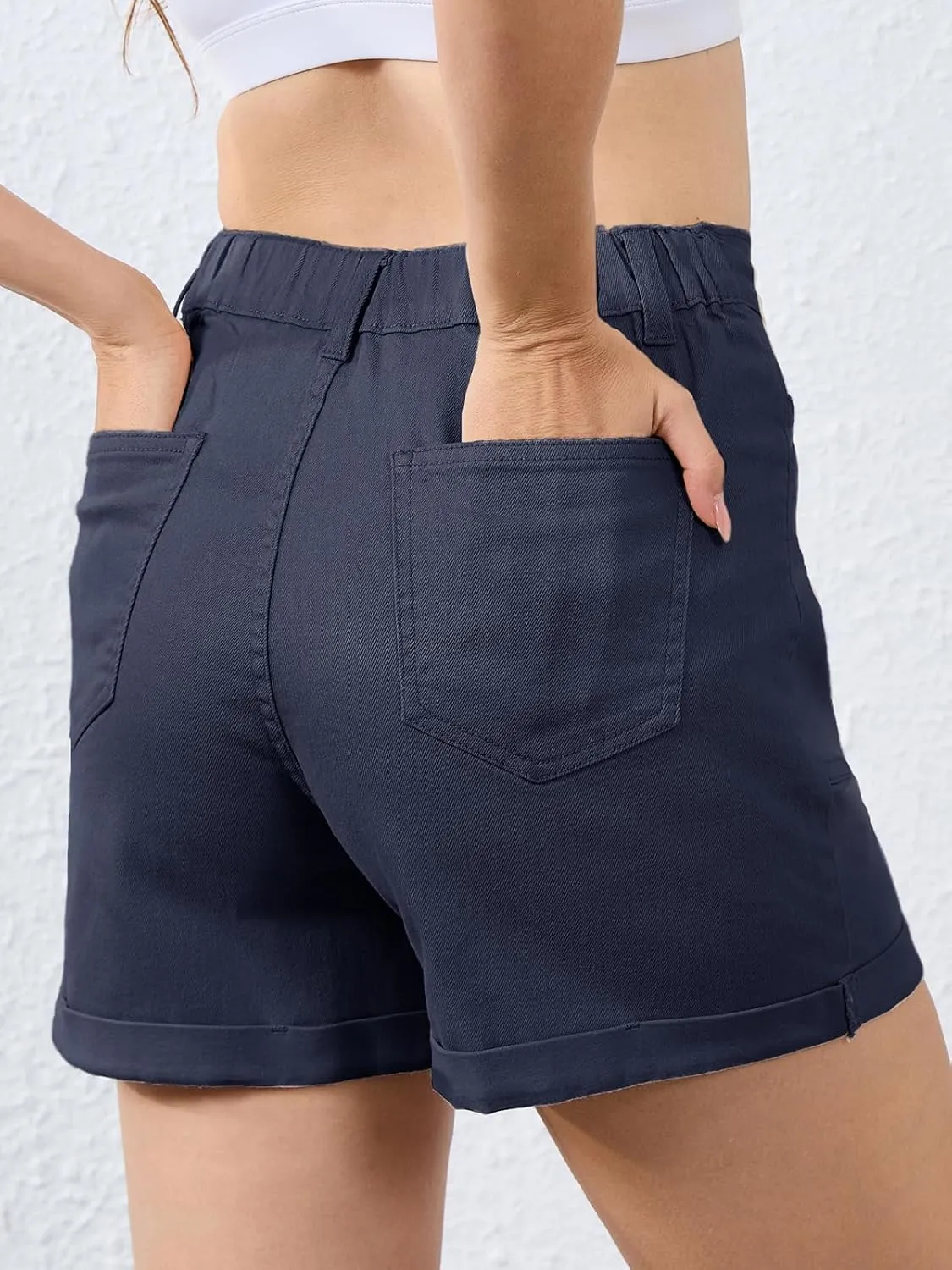 Women High Waisted Jean Shorts Stretchy Denim Shorts for Women Folded Hem Chino Shorts Summer Jorts