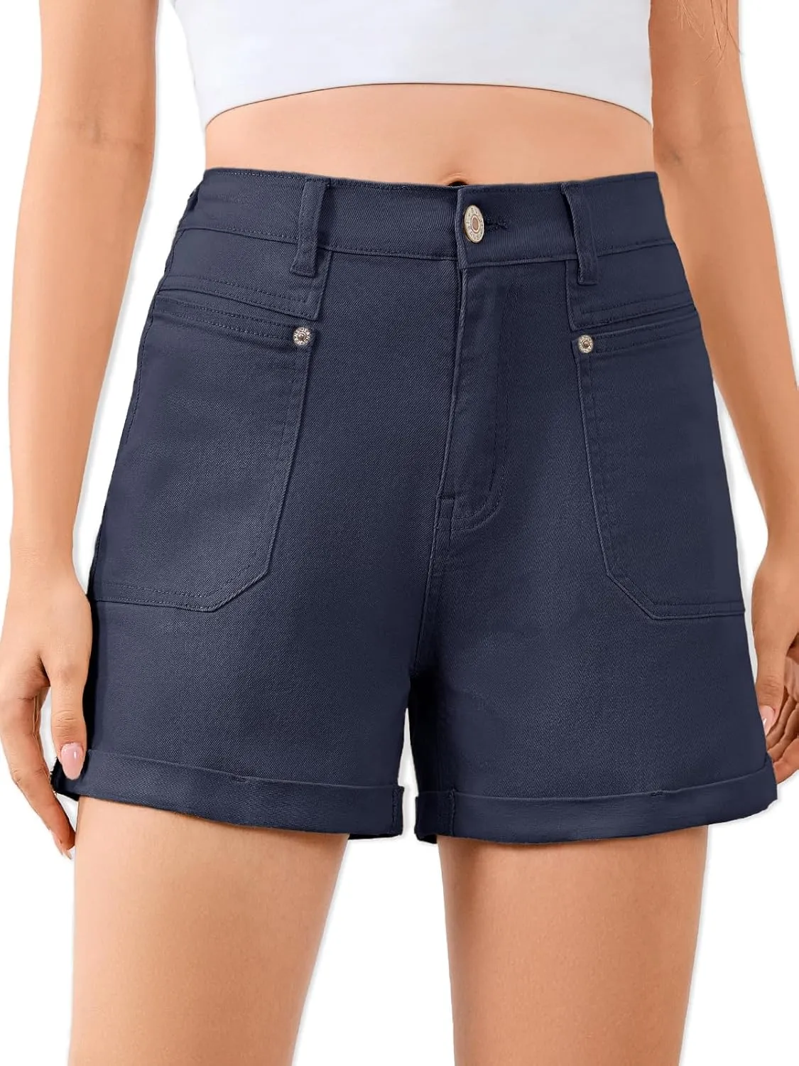 Women High Waisted Jean Shorts Stretchy Denim Shorts for Women Folded Hem Chino Shorts Summer Jorts
