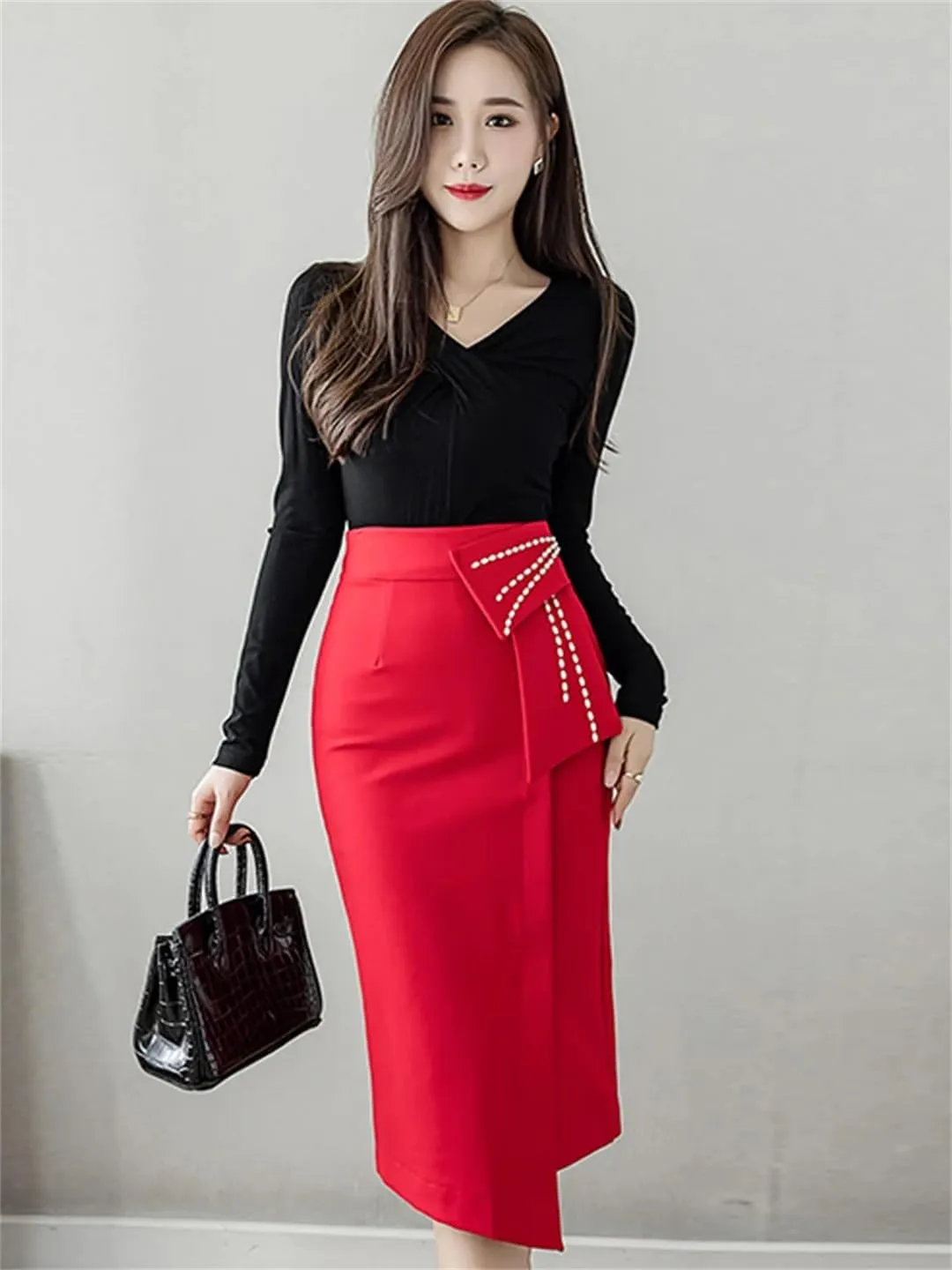 Women Irregular Straight Skirts Elegant Pearls Beading High Waist Casual Midi Skirt Office Wrap Hip Skirts