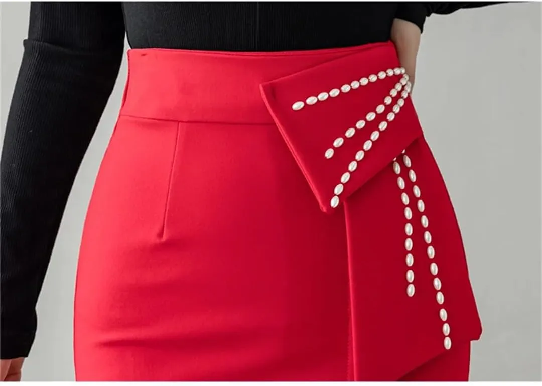 Women Irregular Straight Skirts Elegant Pearls Beading High Waist Casual Midi Skirt Office Wrap Hip Skirts