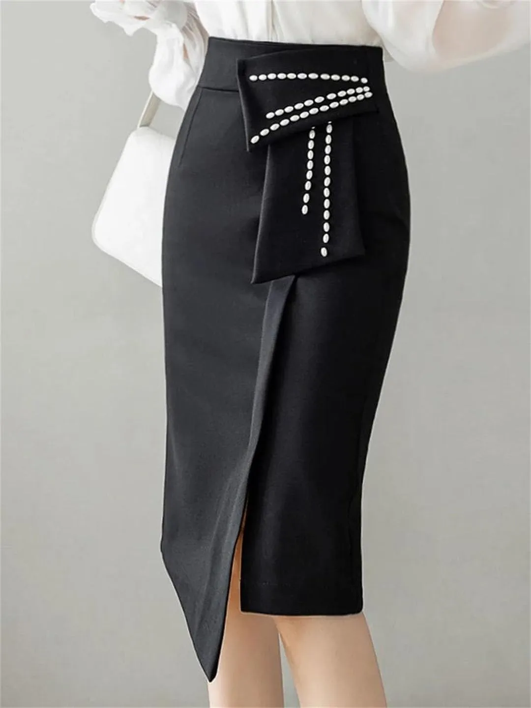 Women Irregular Straight Skirts Elegant Pearls Beading High Waist Casual Midi Skirt Office Wrap Hip Skirts