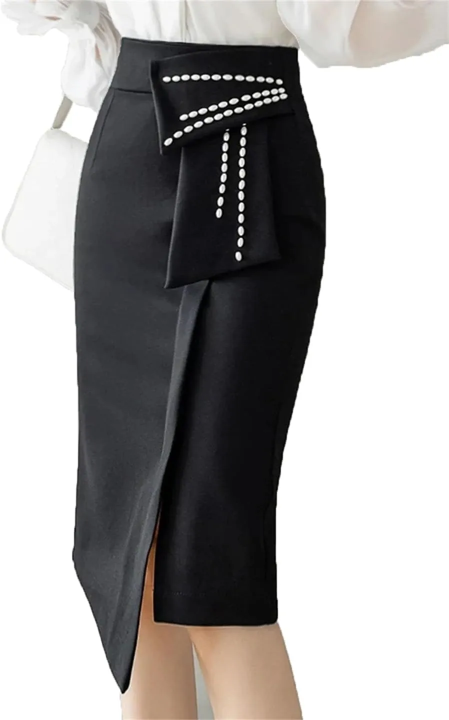 Women Irregular Straight Skirts Elegant Pearls Beading High Waist Casual Midi Skirt Office Wrap Hip Skirts