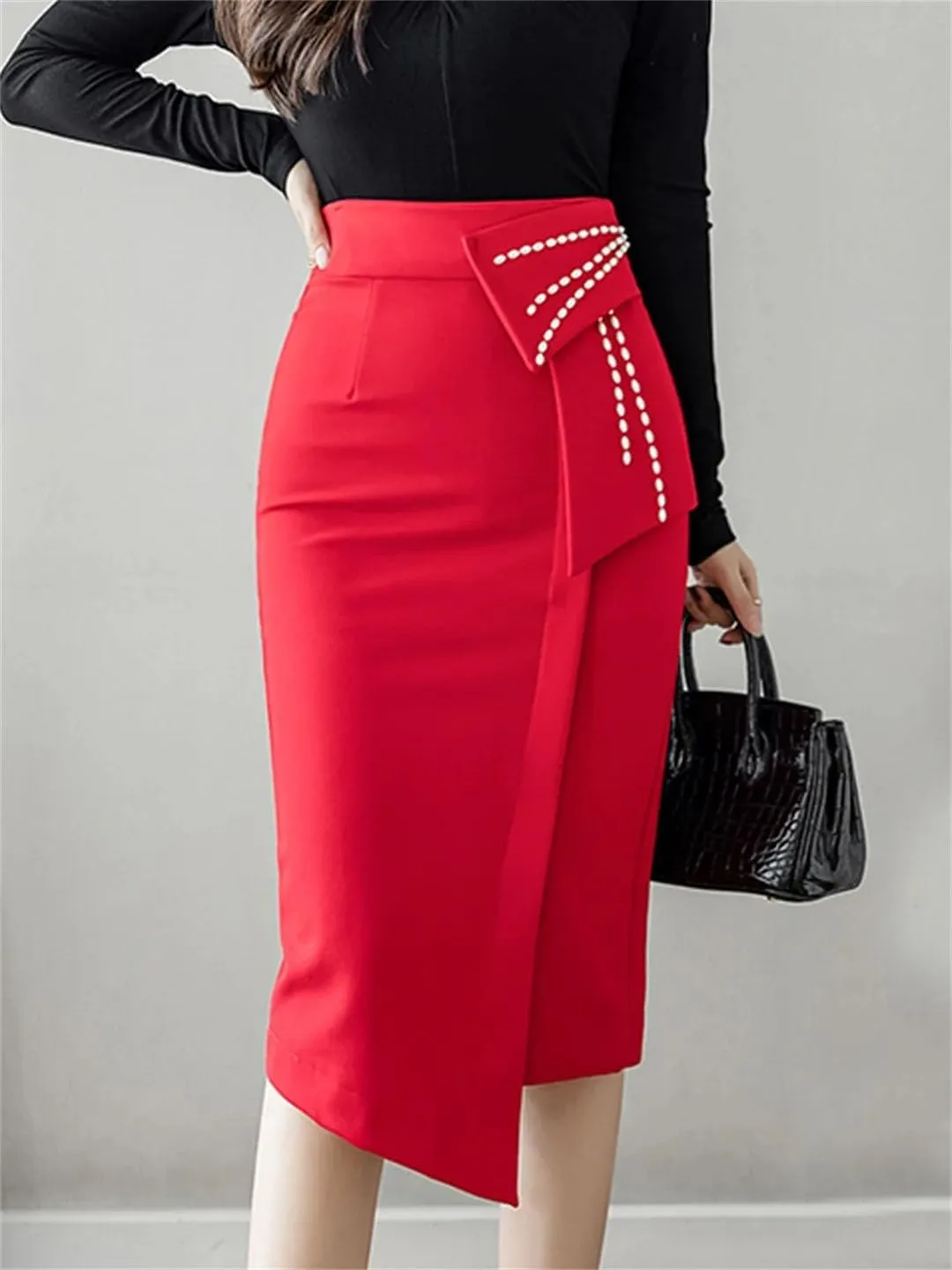 Women Irregular Straight Skirts Elegant Pearls Beading High Waist Casual Midi Skirt Office Wrap Hip Skirts