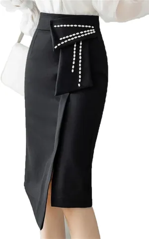 Women Irregular Straight Skirts Elegant Pearls Beading High Waist Casual Midi Skirt Office Wrap Hip Skirts