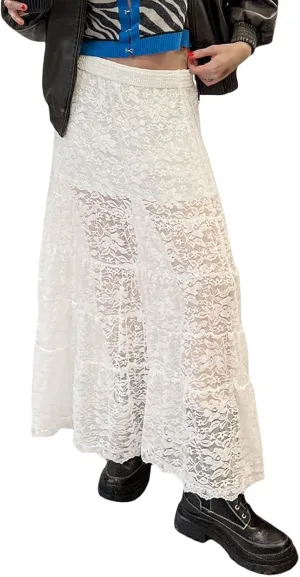Women Lace Long Skirts Y2k Sheer Maxi Skirt Sexy See Through Beach Cover Up Long Skirt Streetwear