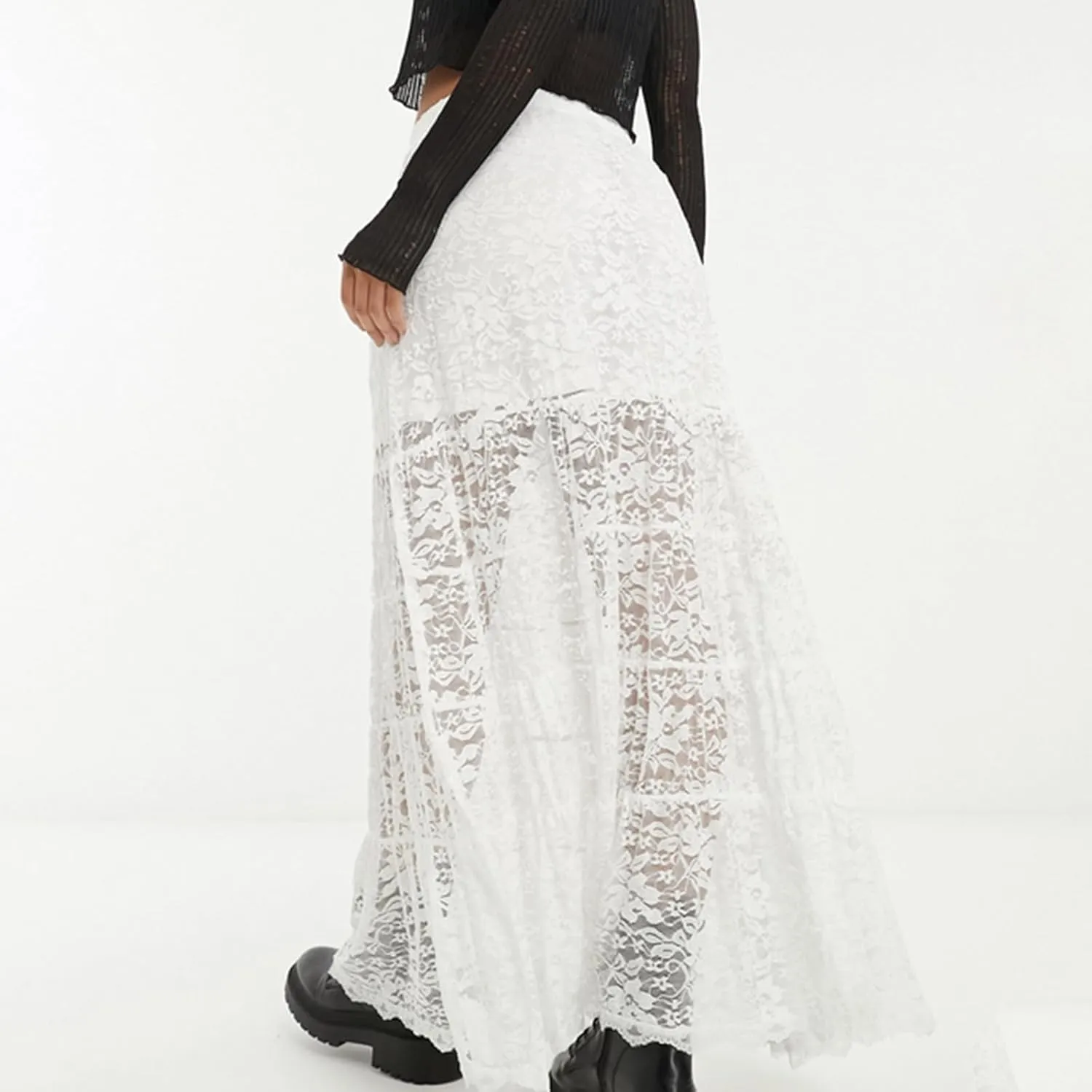 Women Lace Long Skirts Y2k Sheer Maxi Skirt Sexy See Through Beach Cover Up Long Skirt Streetwear