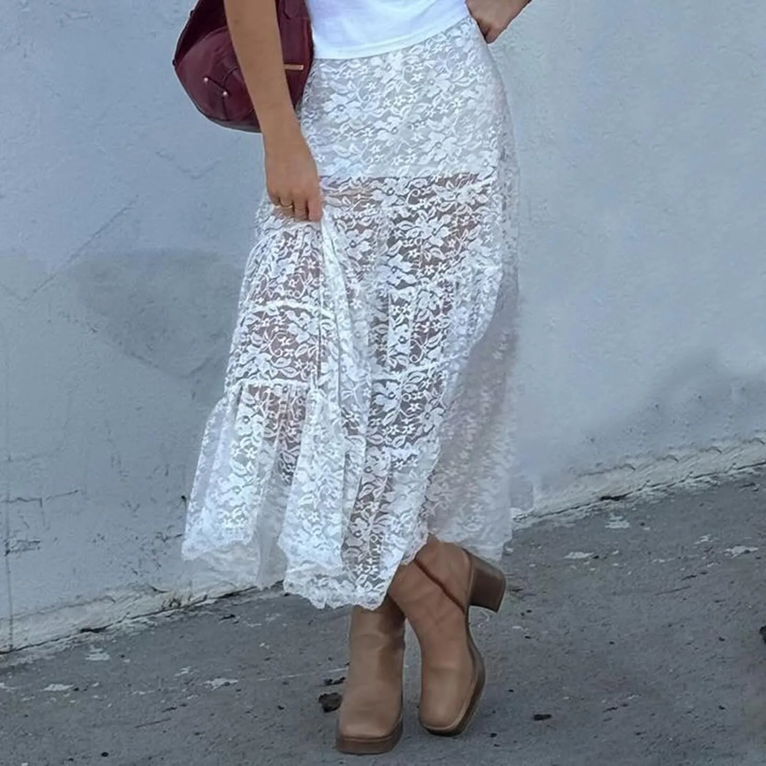 Women Lace Long Skirts Y2k Sheer Maxi Skirt Sexy See Through Beach Cover Up Long Skirt Streetwear