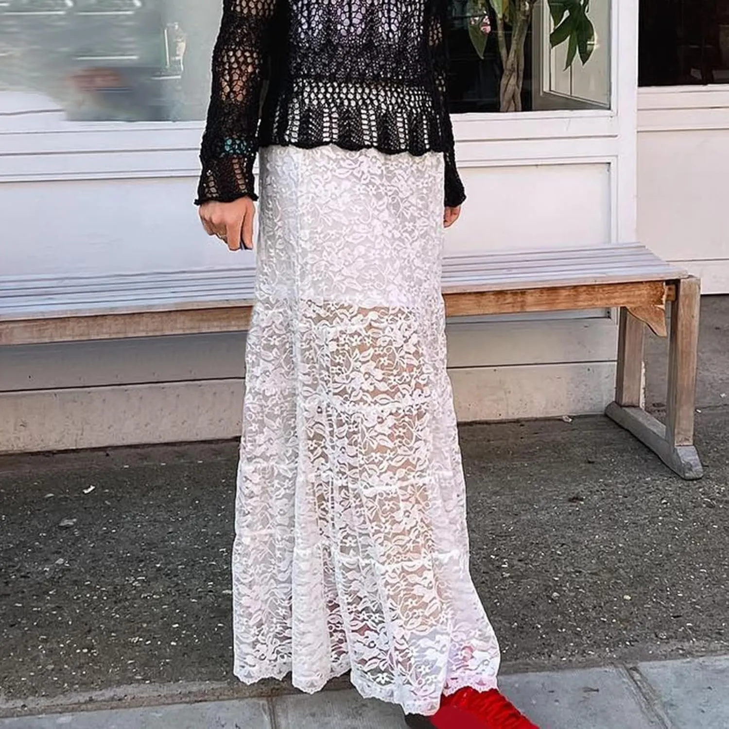 Women Lace Long Skirts Y2k Sheer Maxi Skirt Sexy See Through Beach Cover Up Long Skirt Streetwear