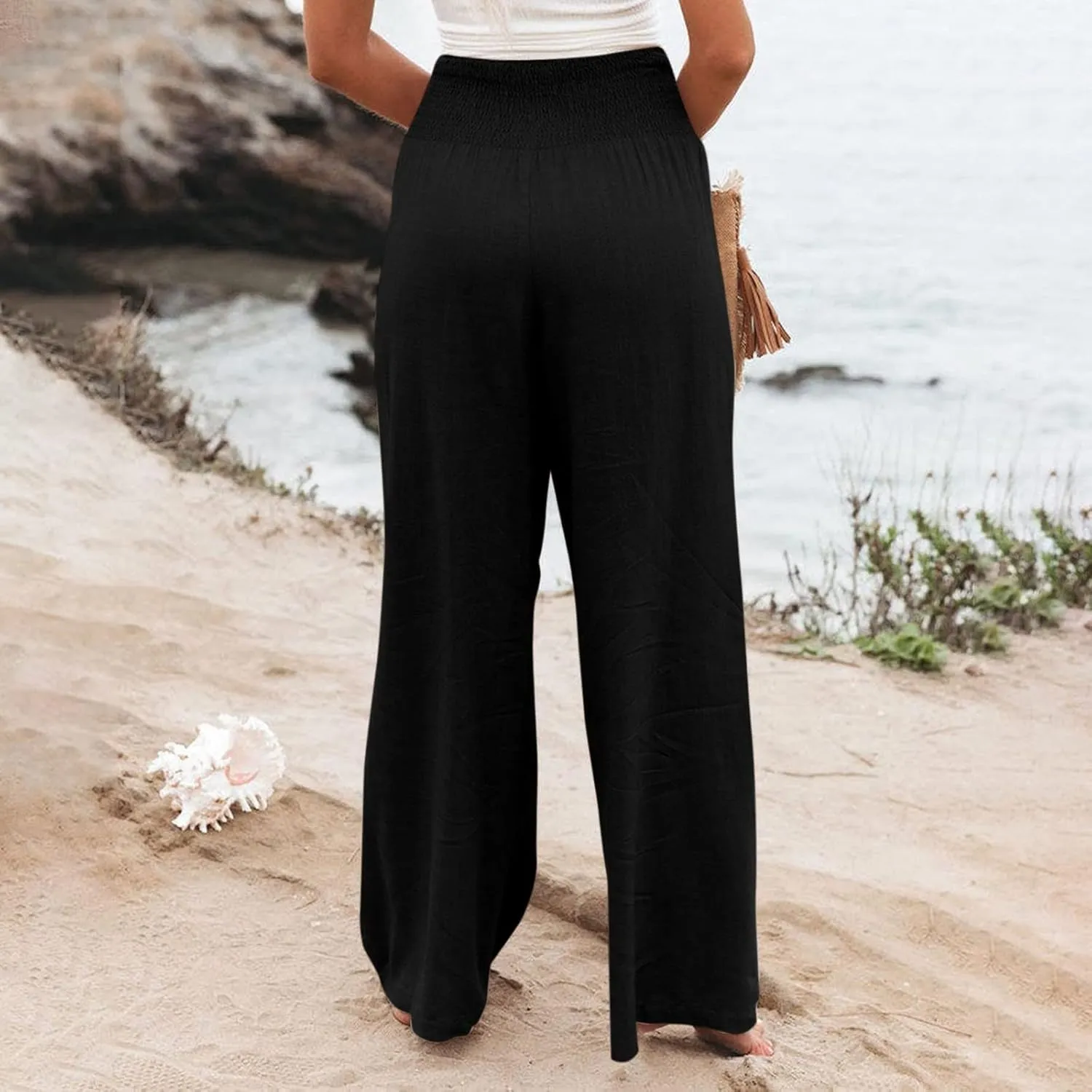 Women Linen Palazzo Pants Summer Boho Wide Leg High Waist Casual Lounge Pant 2025 Trendy Beach Travel Trousers