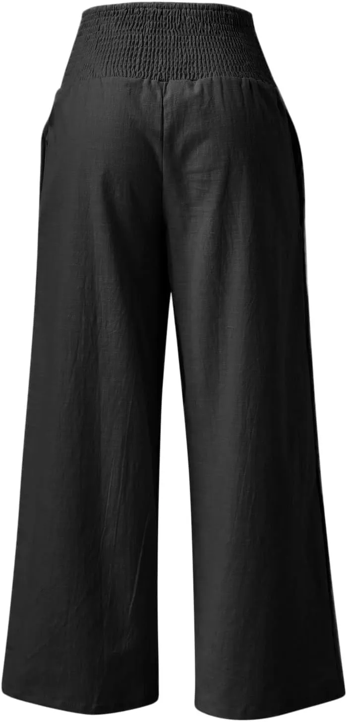 Women Linen Palazzo Pants Summer Boho Wide Leg High Waist Casual Lounge Pant 2025 Trendy Beach Travel Trousers