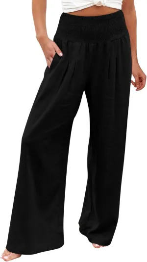 Women Linen Palazzo Pants Summer Boho Wide Leg High Waist Casual Lounge Pant 2025 Trendy Beach Travel Trousers
