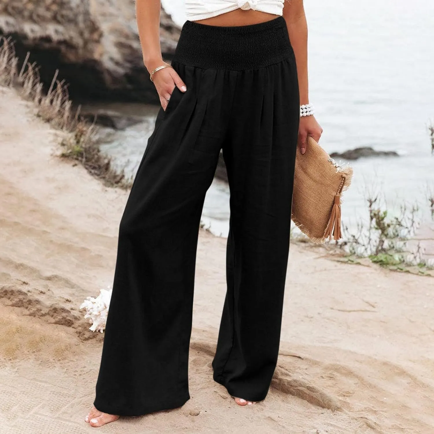 Women Linen Palazzo Pants Summer Boho Wide Leg High Waist Casual Lounge Pant 2025 Trendy Beach Travel Trousers