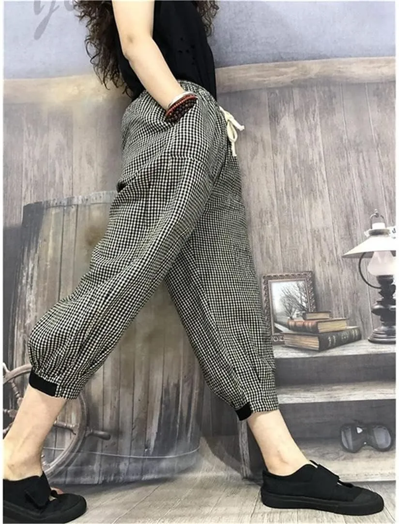 Women Loose Elastic Waist Harem Pants All-Matched Plaid Patchwork Cotton Linen Pants