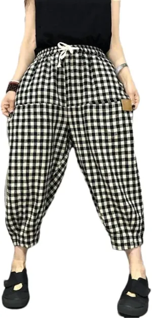 Women Loose Elastic Waist Harem Pants All-Matched Plaid Patchwork Cotton Linen Pants