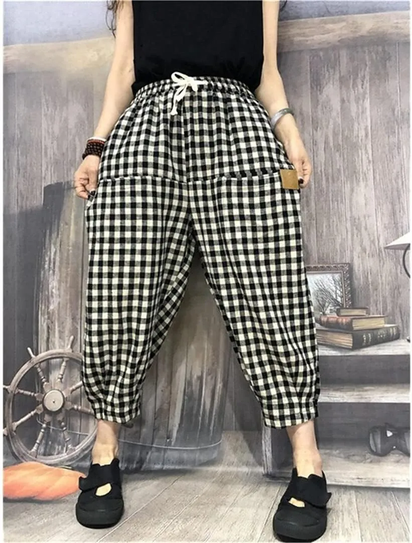 Women Loose Elastic Waist Harem Pants All-Matched Plaid Patchwork Cotton Linen Pants
