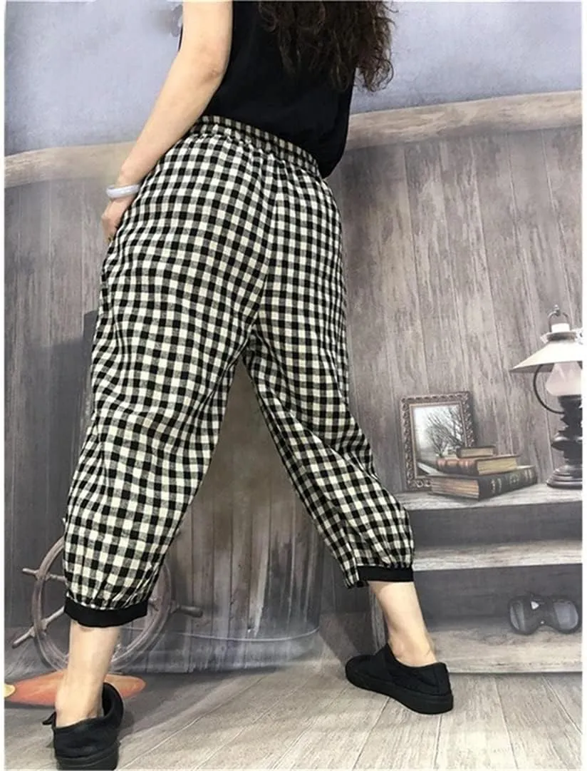 Women Loose Elastic Waist Harem Pants All-Matched Plaid Patchwork Cotton Linen Pants